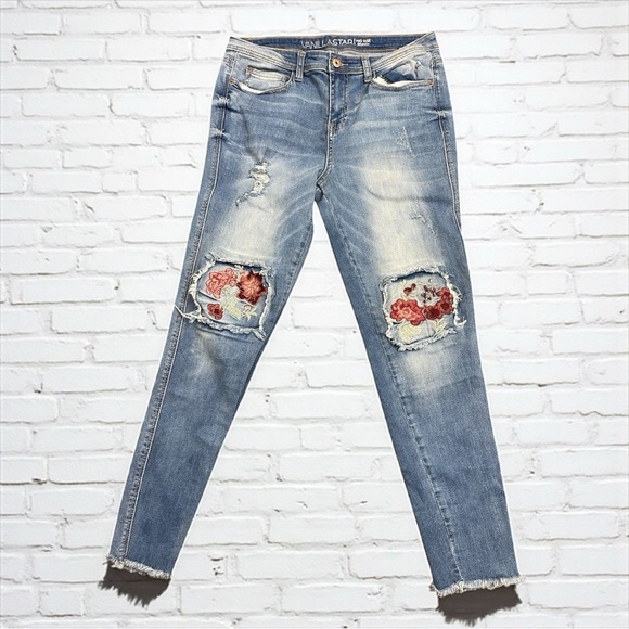 Vanilla Star Denim - Vanilla Star Mid Rise Skinny Jeans Womens Floral Embroidered Distressed